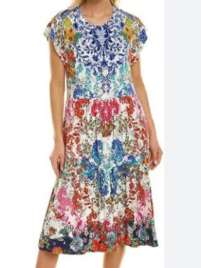 Johnny Was Shellinay Tiered Tea Length Midi Dress Size M Boho Stretch Bamboo EUC